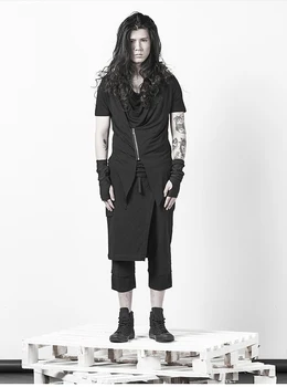 Асиметрични панталони-кюлоты тъмно-черен на цвят, японски дизайнерски дрехи, модни мъжки скъсяване на панталон