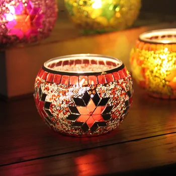 2 елемента Европейски Ретро Мозаечни стъклени свещници романтична вечеря на свещи, свещи чаша интериор