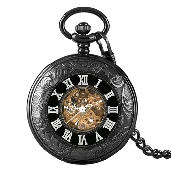 Ретро Джобни Часовници Издълбани Римски Цифри Кухи Автоматични Механични Часовници за Мъже Жени Висулка Верига Сбирка Часовници